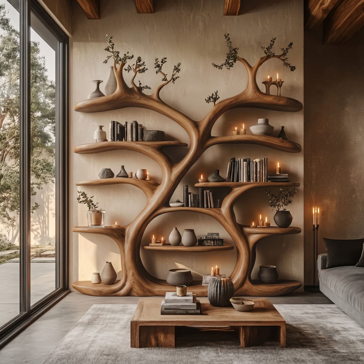 Monumentale Boom Wandboekenkast - Vloer-tot-Plafond Massief Hout
