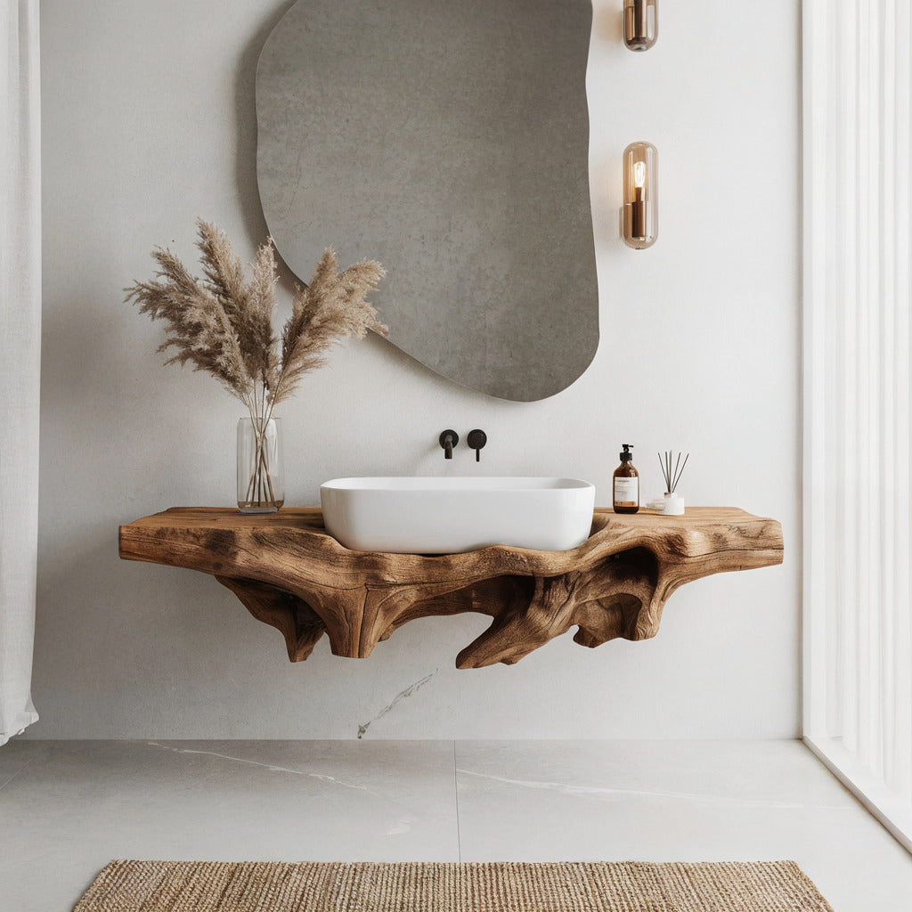 Handgesneden sculpturaal zwevend wastafelblad van massief hout