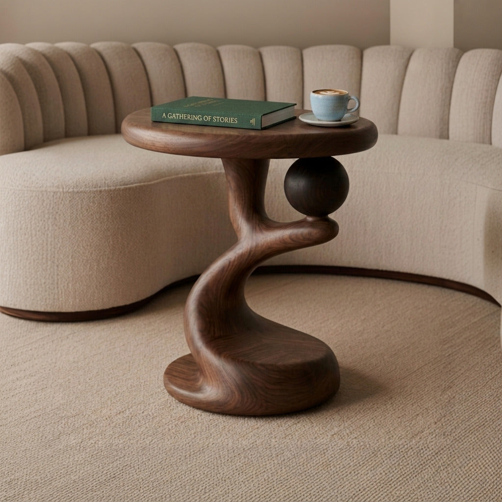 Handgemaakte houten bijzettafel met bol van massief hout