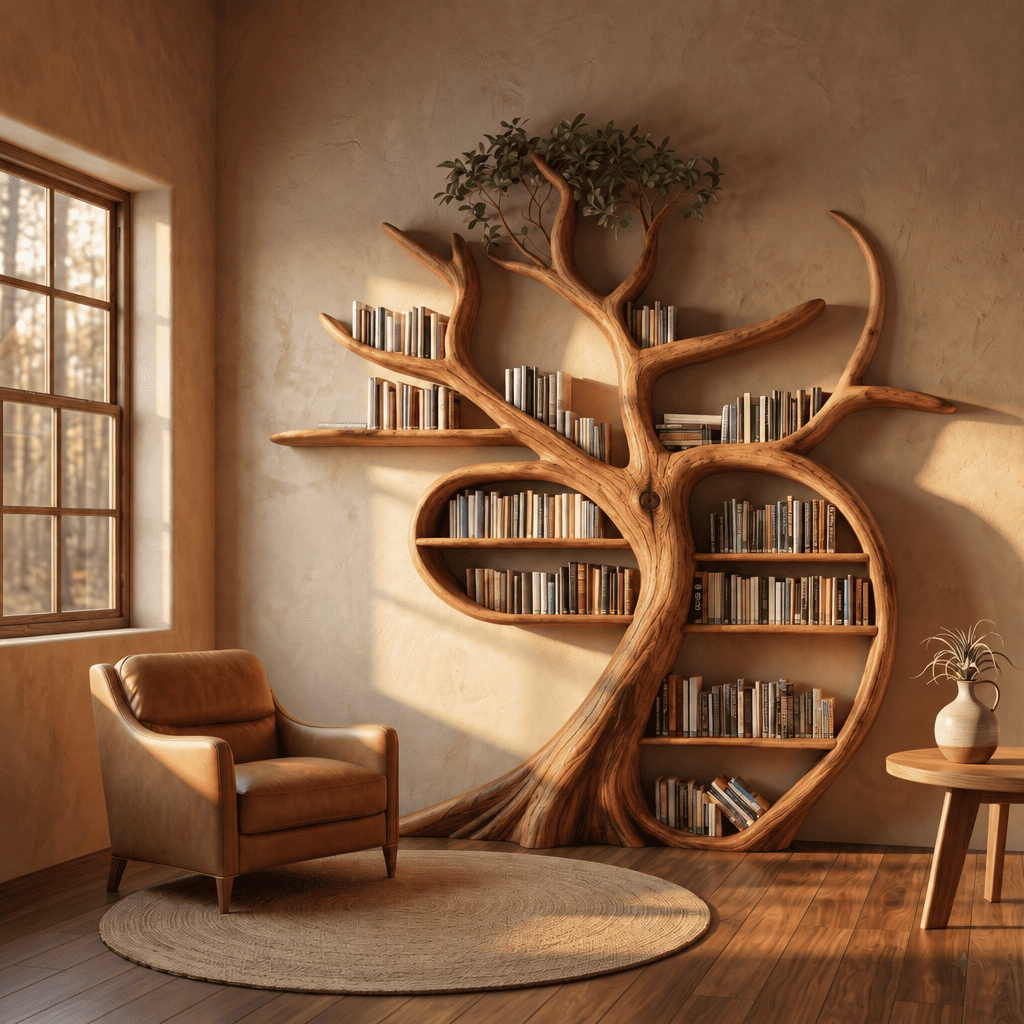 Handgesneden boomboekenkast en wandbibliotheek van massief hout