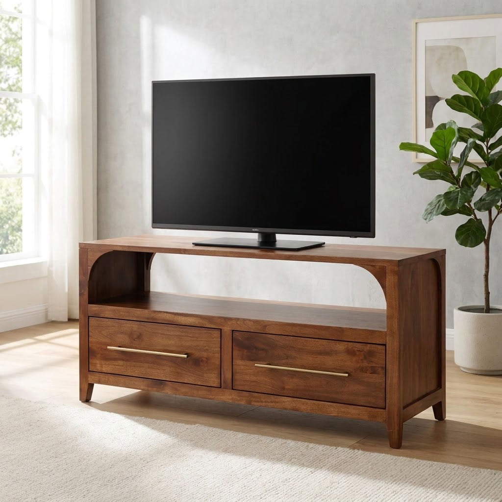 Handgemaakt massief houten boog tv-meubel in een moderne zithoek