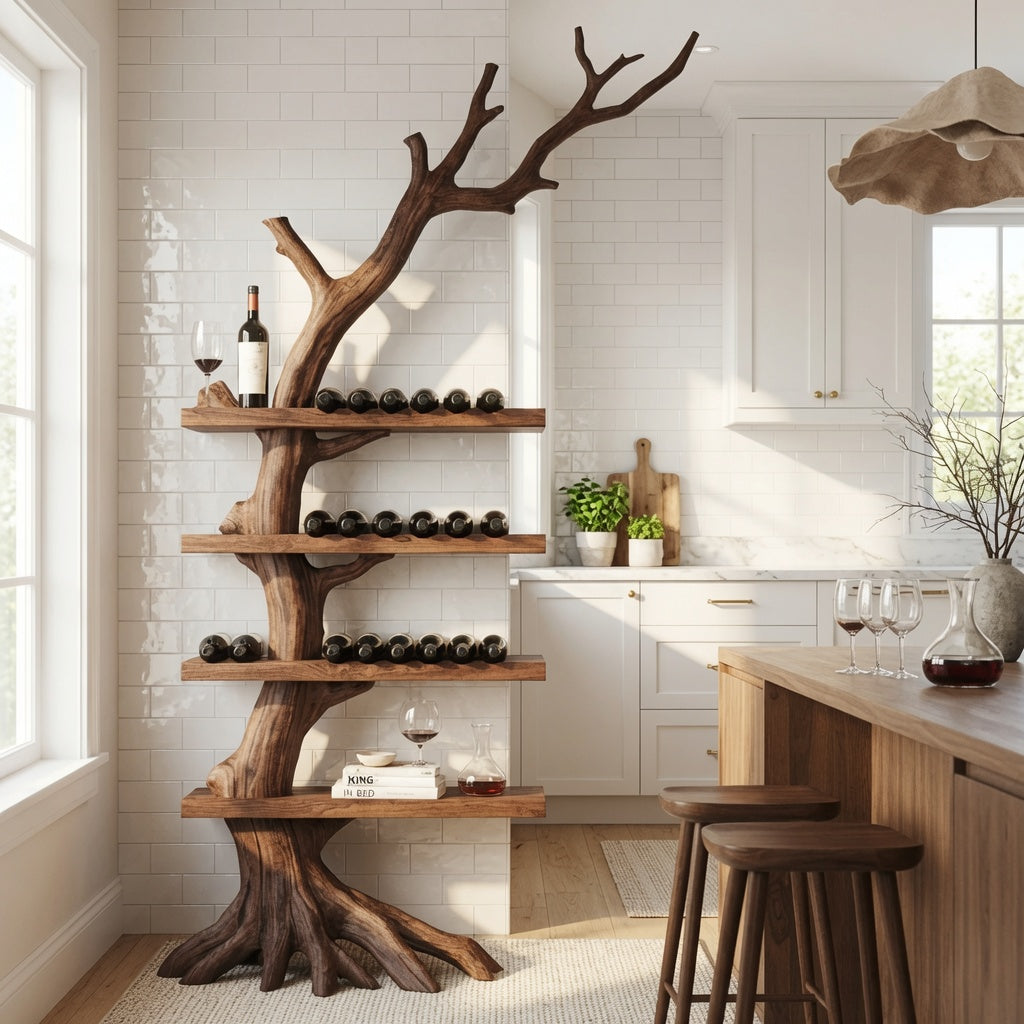 Sculpturaal houten wijnrek vervaardigd uit massief hout