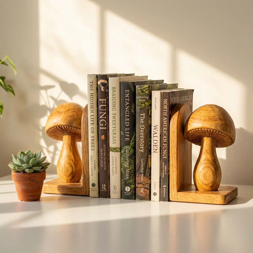Set van twee handgesneden notenhouten paddenstoel boekensteunen