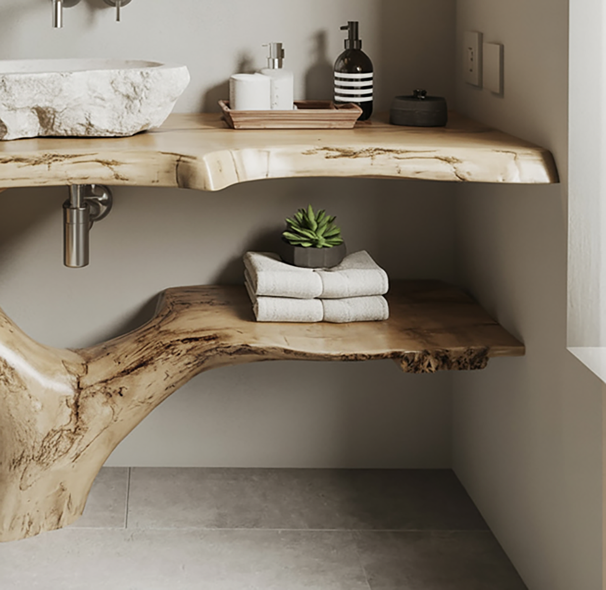 Handgemaakt houten badkamermeubel met natuurlijk boomrandontwerp