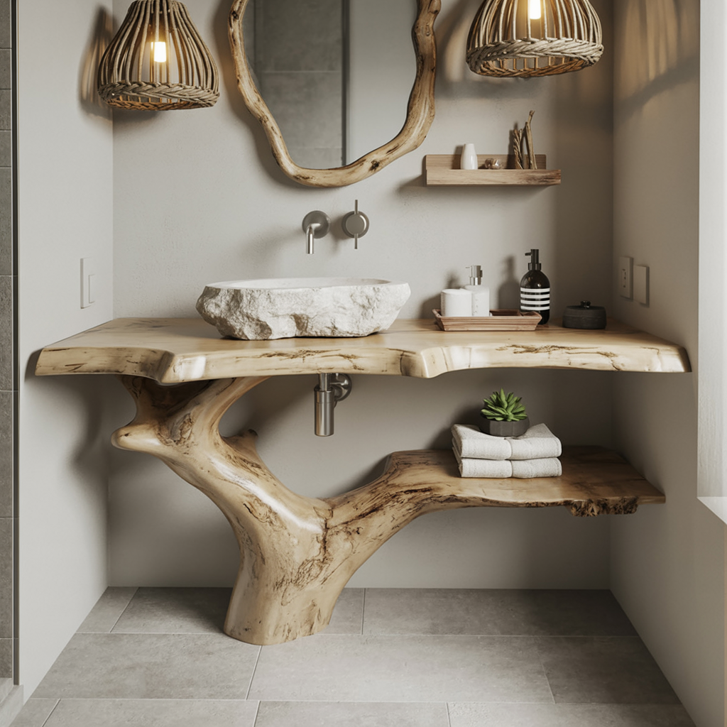 Rustiek modern badkamermeubel met natuurlijke houtnerfafwerking