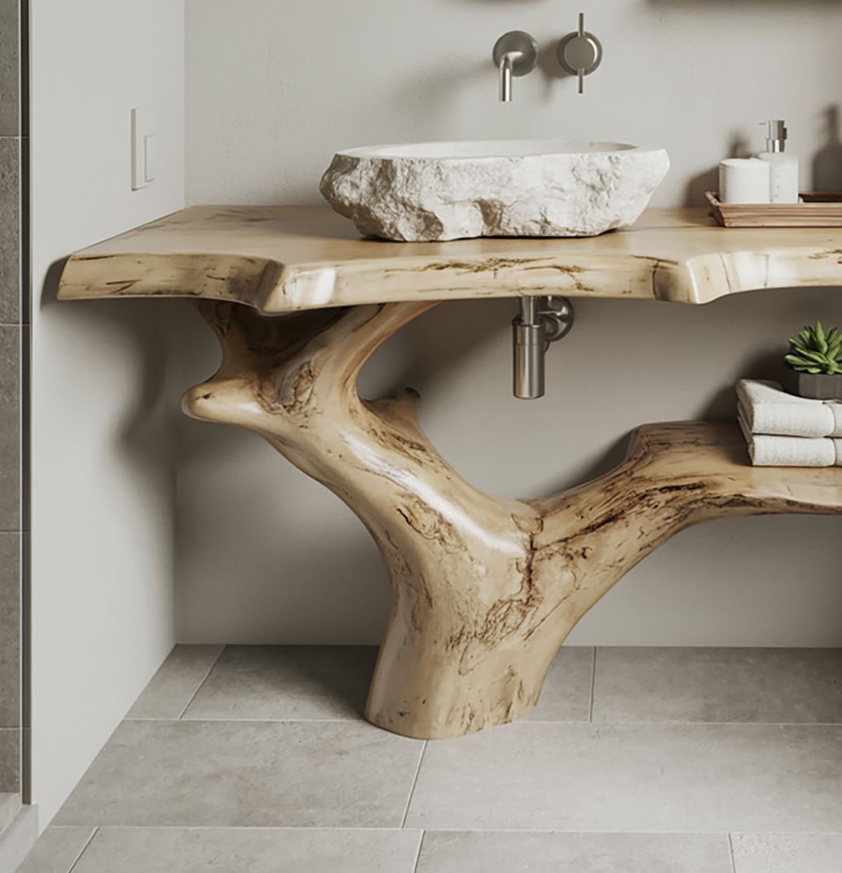 Massief houten wastafelmeubel met organisch sculpturaal onderstel