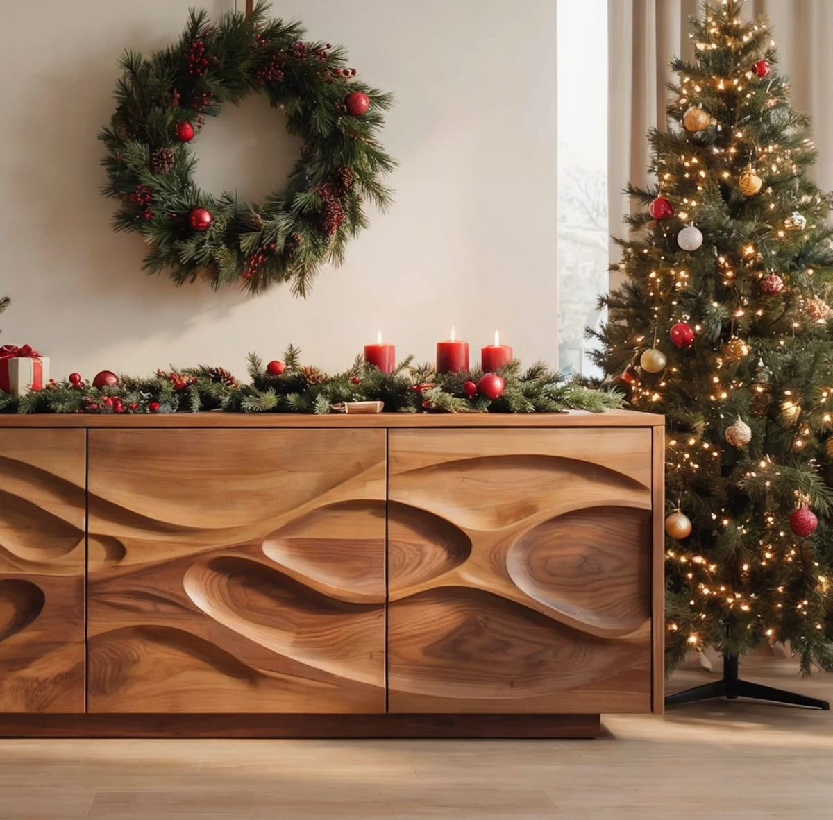Artistic solid wood buffet cabinet crafted by hand