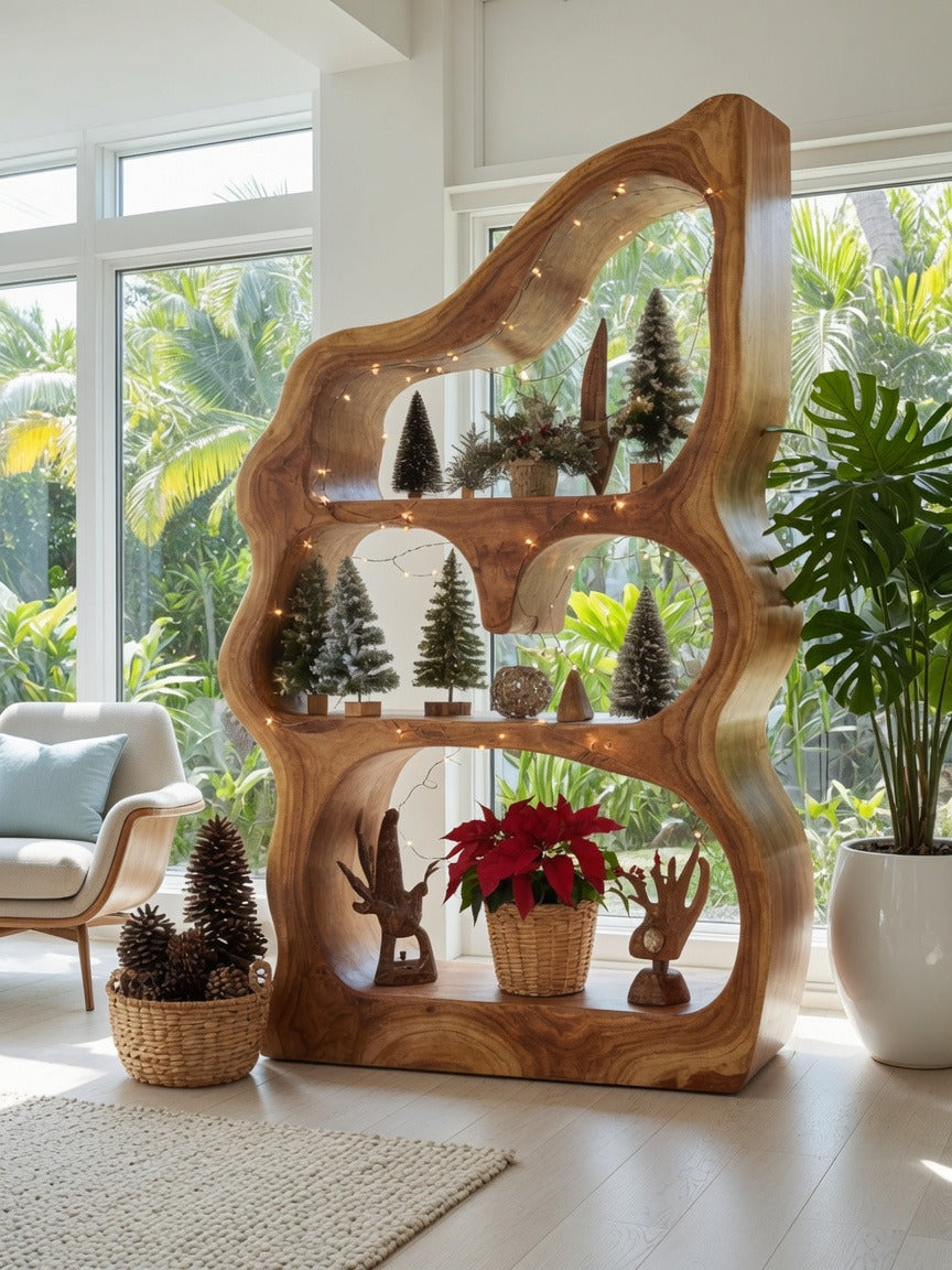Ambachtelijke sculpturale boekenkast van massief hout in moderne woonkamer