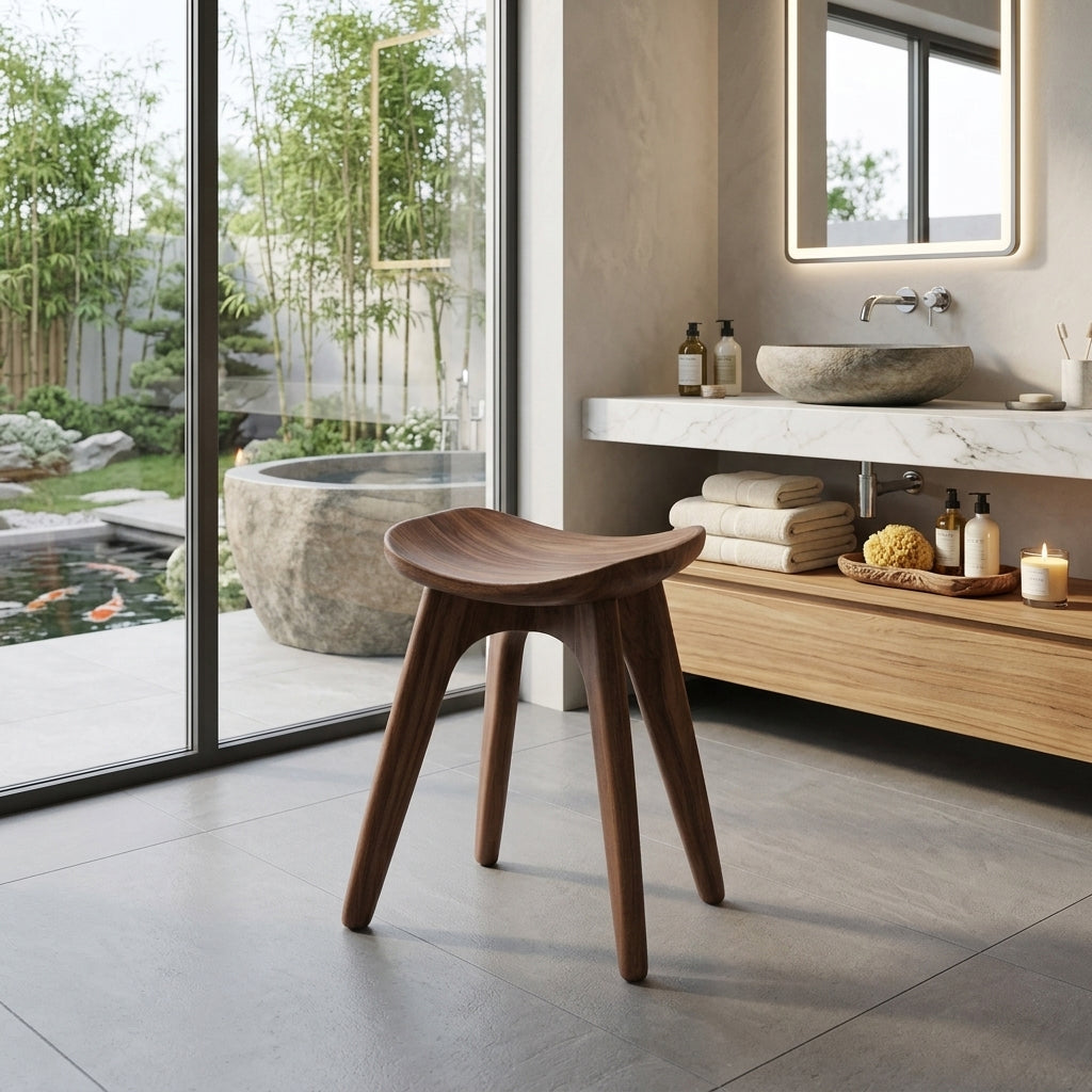 Sculpturale massief houten badkamerkruk in een minimalistische badkamer