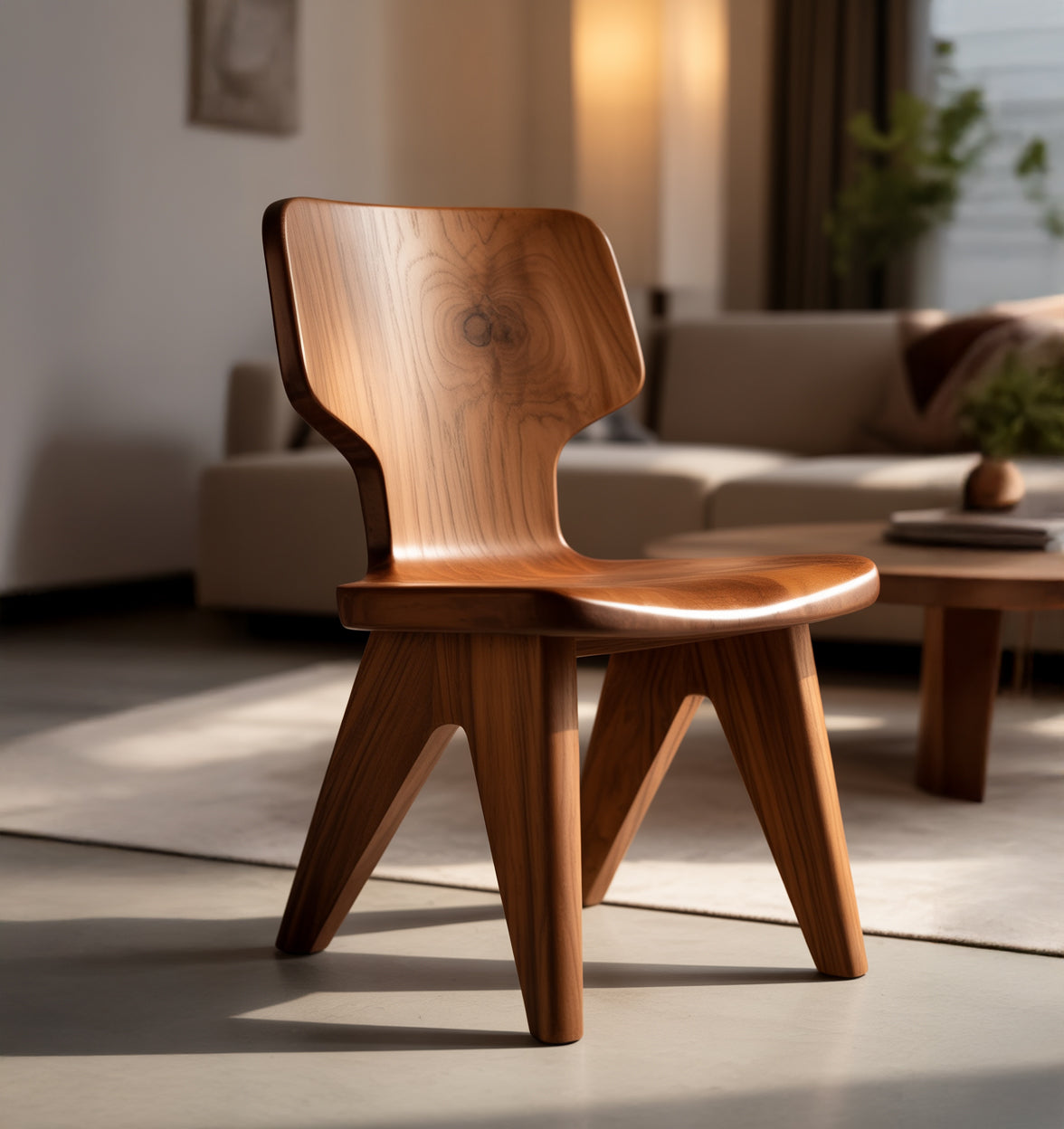 Handgemaakte houten stoel met elegante vloeiende vorm