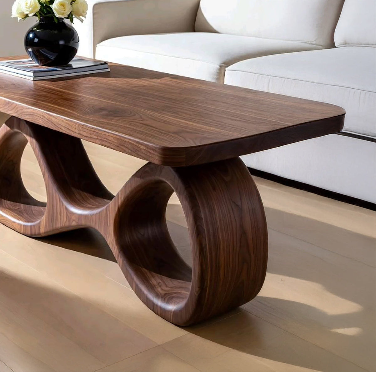 Abstracte Salontafel Gebogen Onderstel - Massief Hout Zithoek
