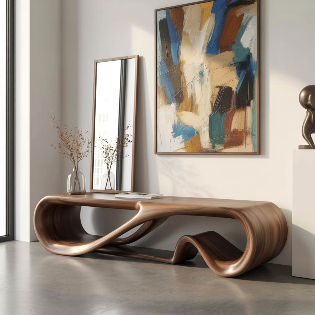 Artistieke massief houten zitbank met sculpturale vormgeving