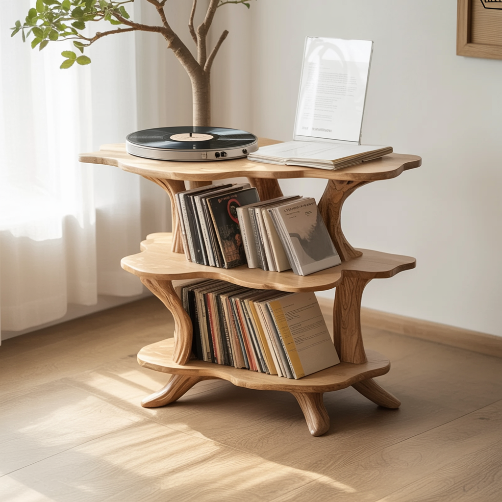 Japandi stijl houten platentafel naast een zonnig raam