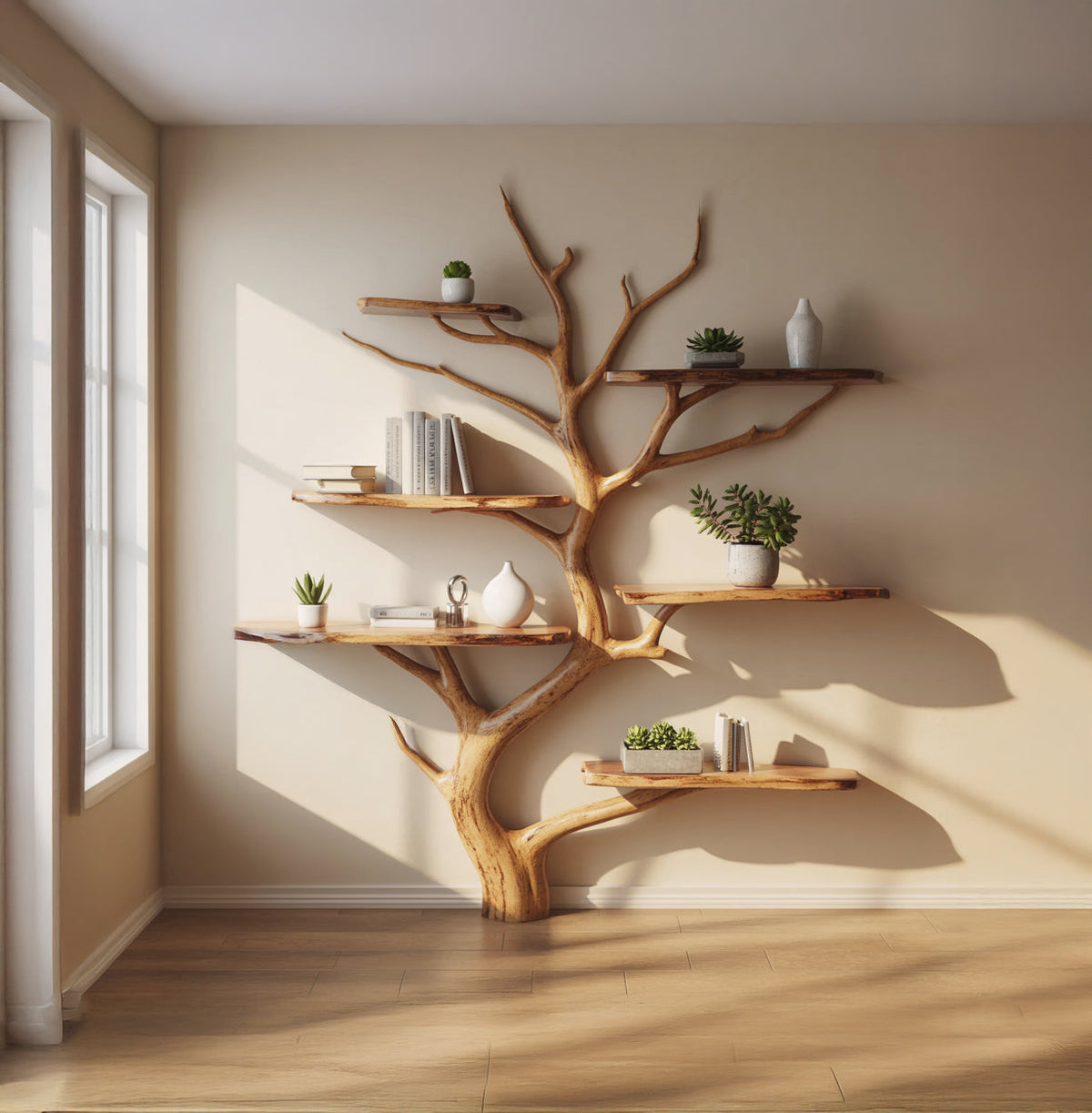 Sculpturale boomboekenplank met de hand gemaakt van massief hout