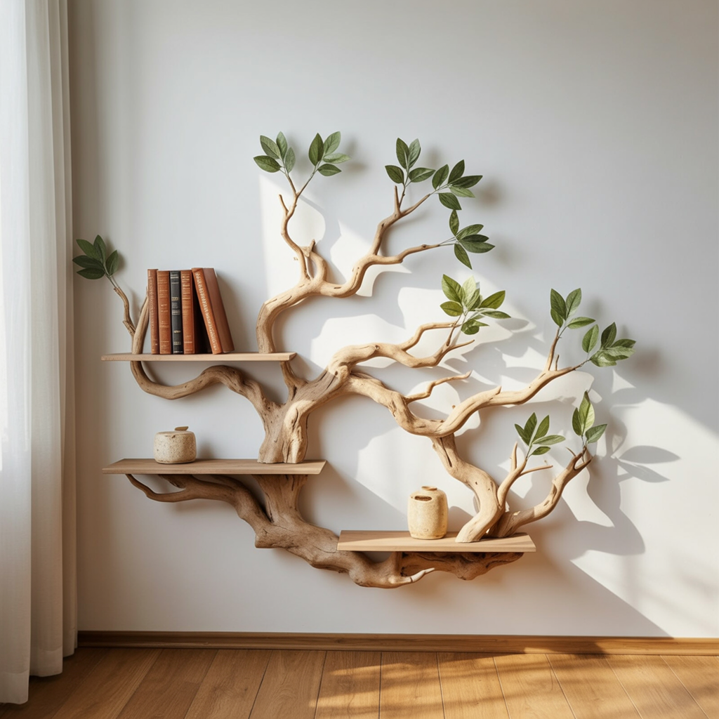 Wandgemonteerde boomboekenplank met boeken boven een zonnige houten vloer