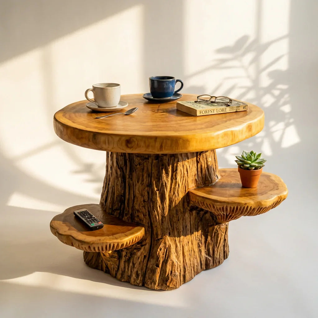 Tweekleurige massief houten paddenstoel bijzettafel met schors en twee schappen
