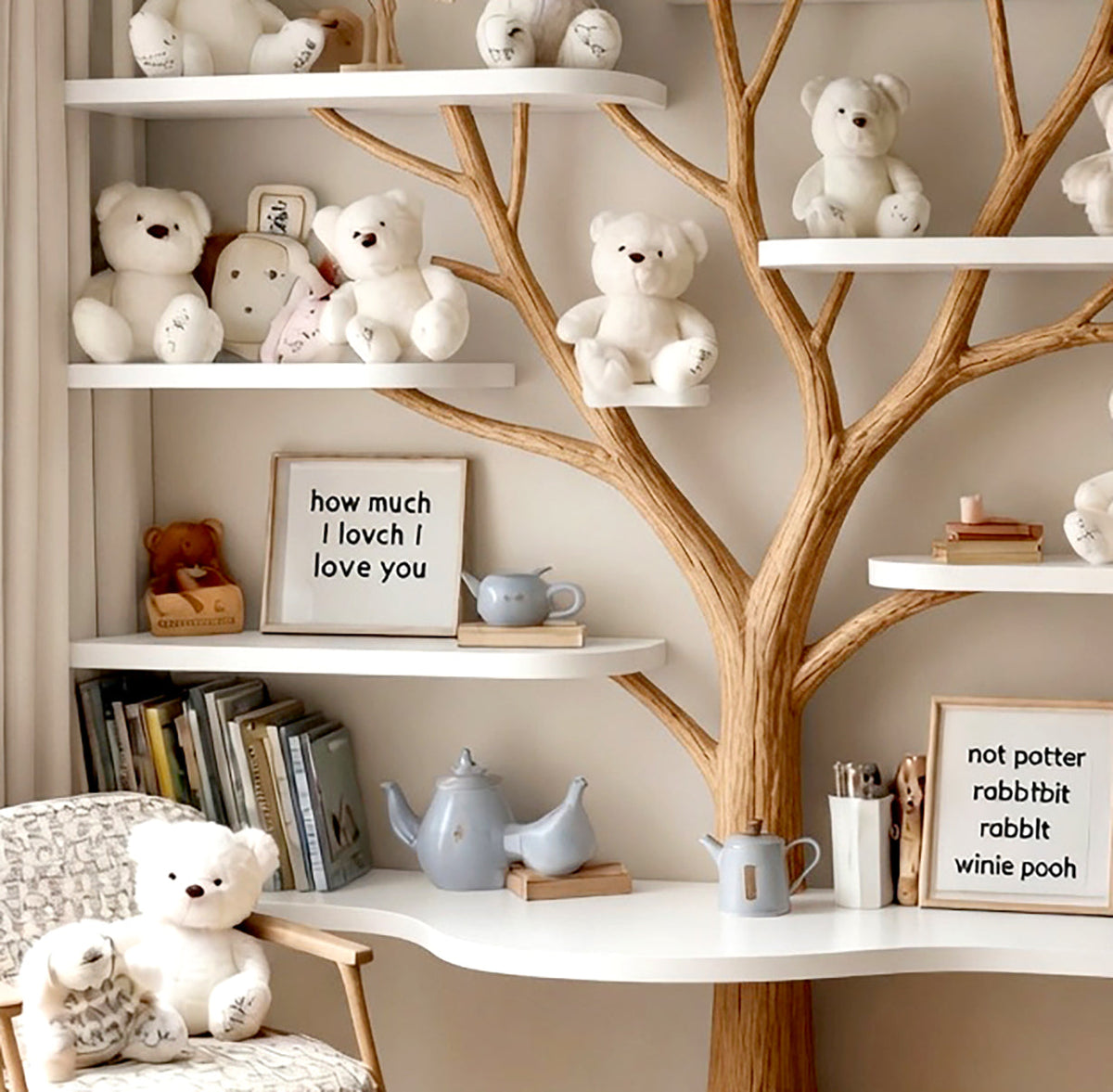 Boom Boekenplank voor Babykamer - Handgemaakt Natuurhout Wandrek