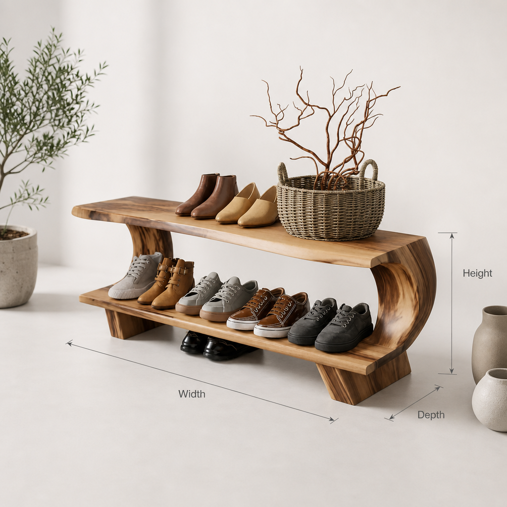 Compacte massief houten schoenenbank voor een stijlvolle hal
