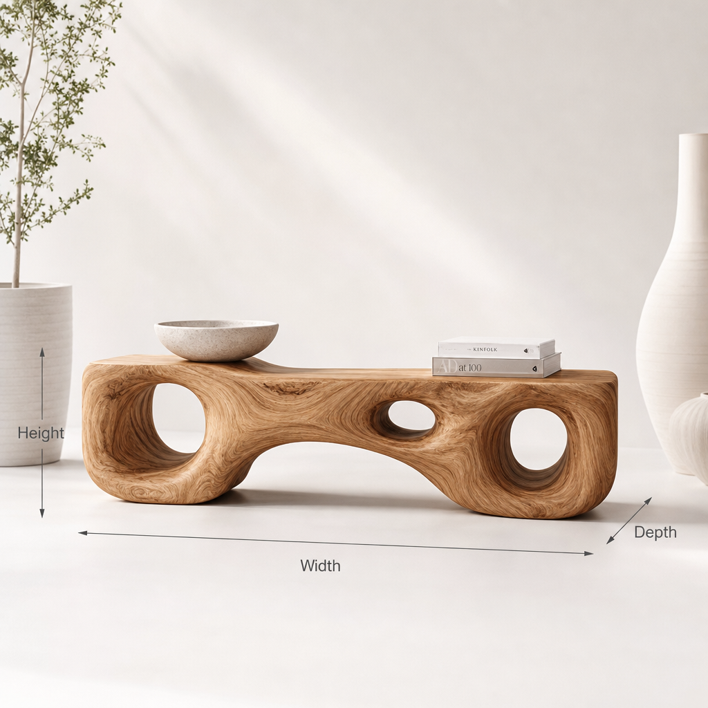 Sculpturale houten zitbank ontworpen voor een stijlvolle ontvangsthal