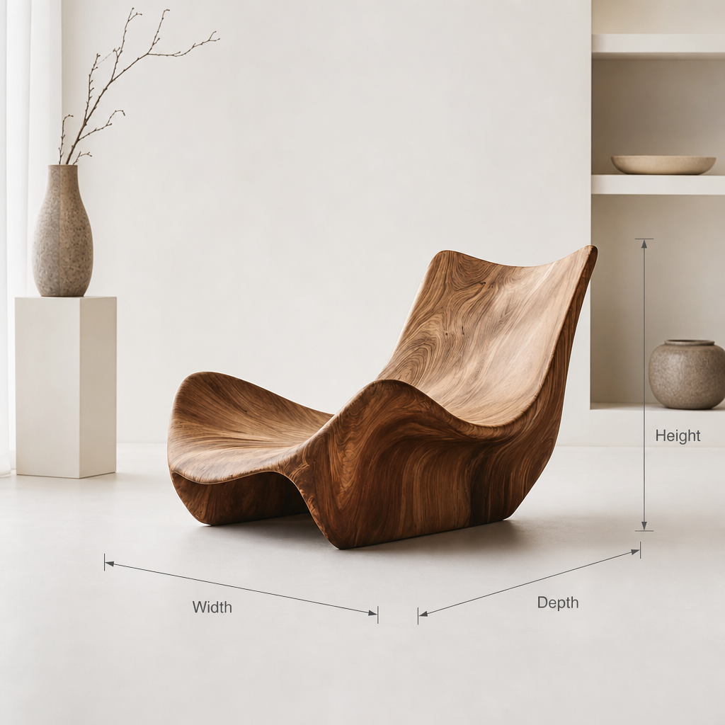 Handgemaakte massief houten sculpturale loungestoel met golfdesign