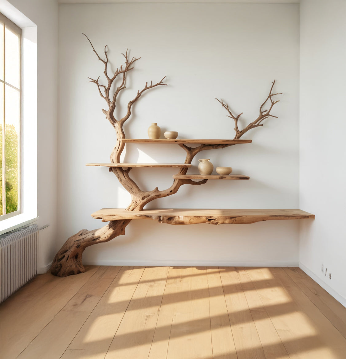 Boom Boekenplank Wandsculptuur - Massief Houten Wandrek