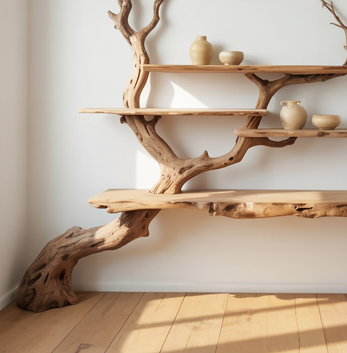 Boom Boekenplank Wandsculptuur - Massief Houten Wandrek