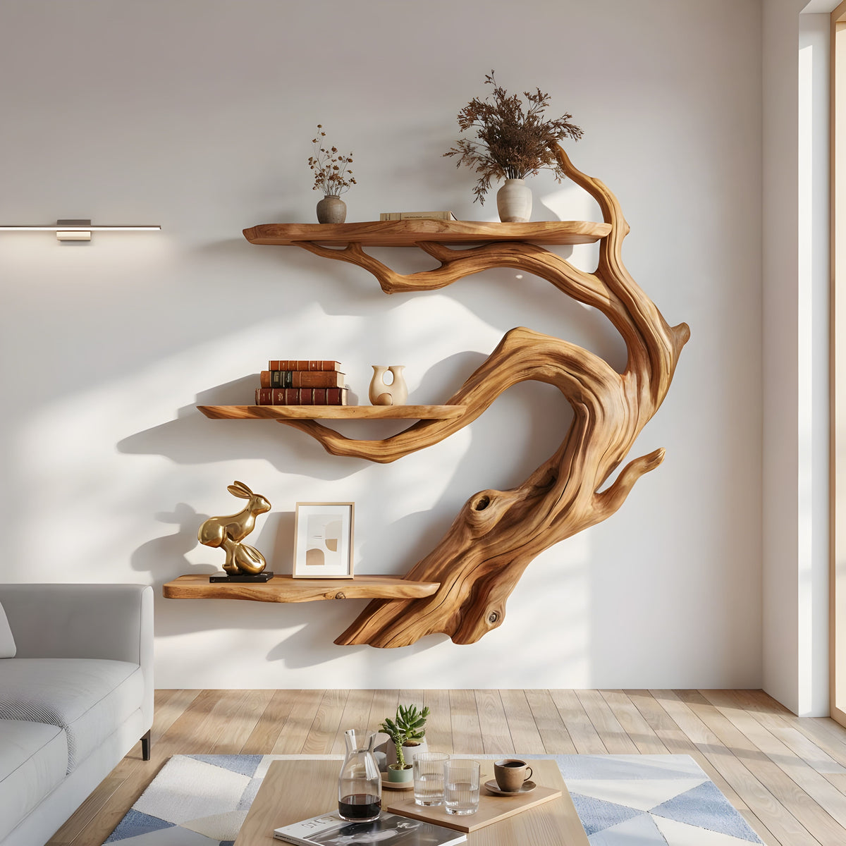 Japandi boomrand bonsai tak wandplank van massief hout