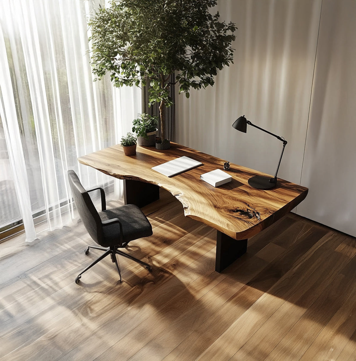 Massief houten boomrand bureau met organisch modern werkplekdesign