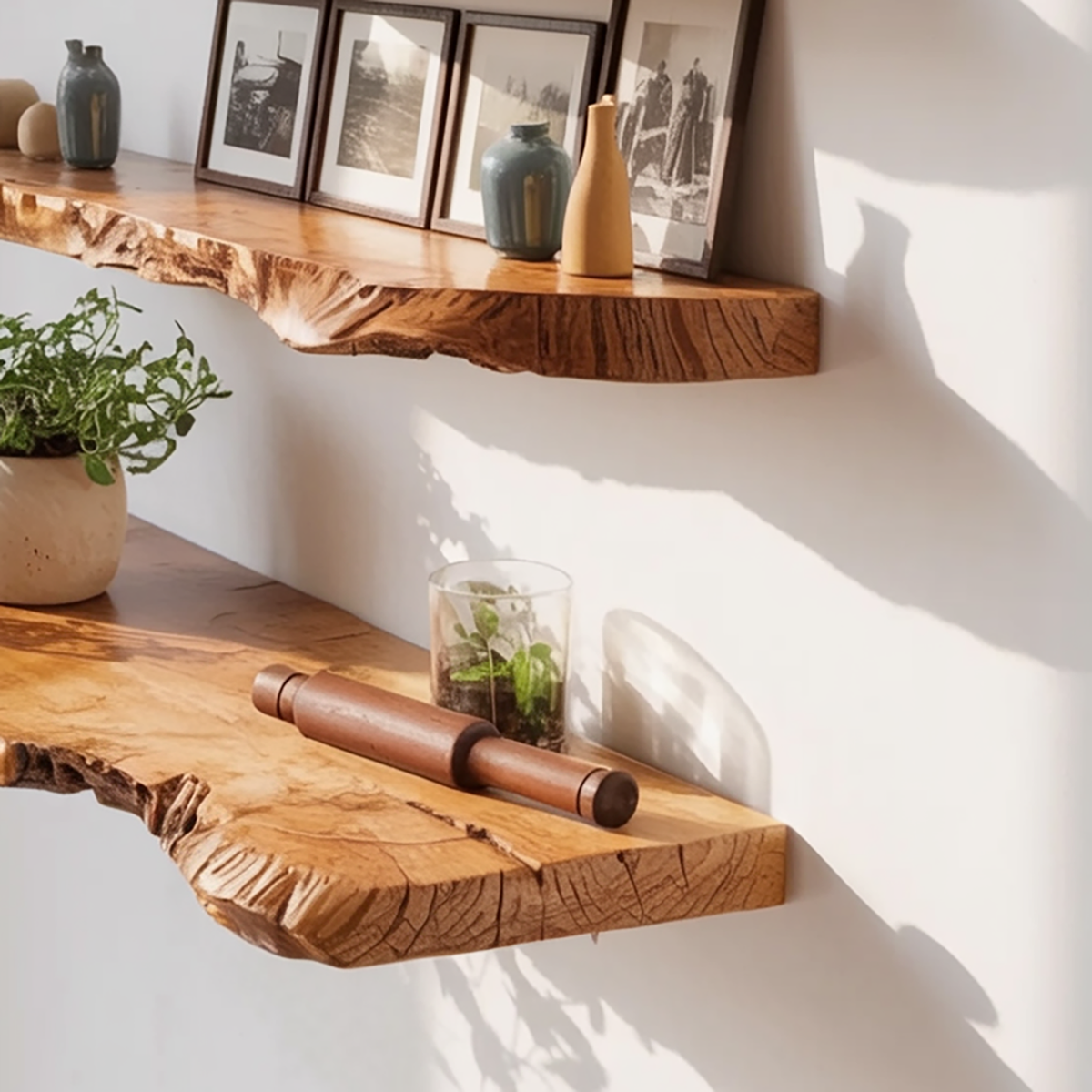 Handgemaakte houten zwevende wandplank met natuurlijke boomrand