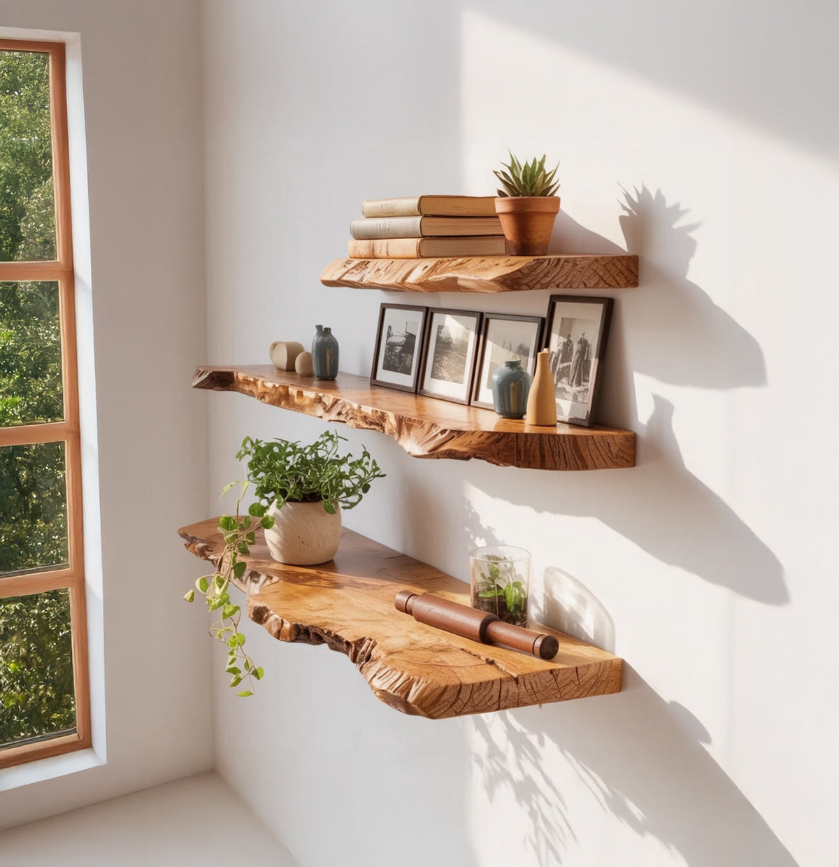 Massief houten zwevende boomrand wandplanken met organisch design