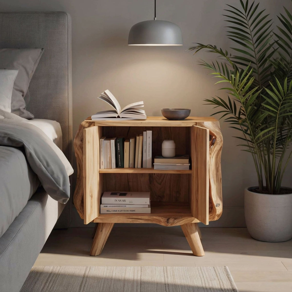 Boomrand sculpturaal nachtkastje van massief hout met kastopslag