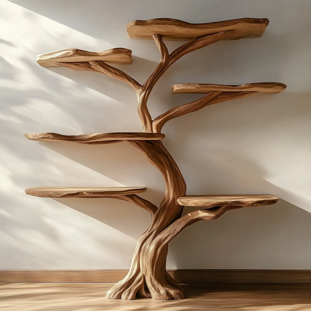 Artistieke massief houten boomboekenkast voor boeken en decoratie