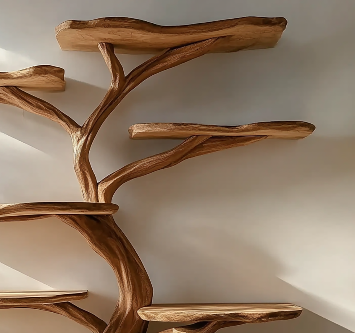 Vrijstaande boomboekenkast gemaakt van natuurlijk hout