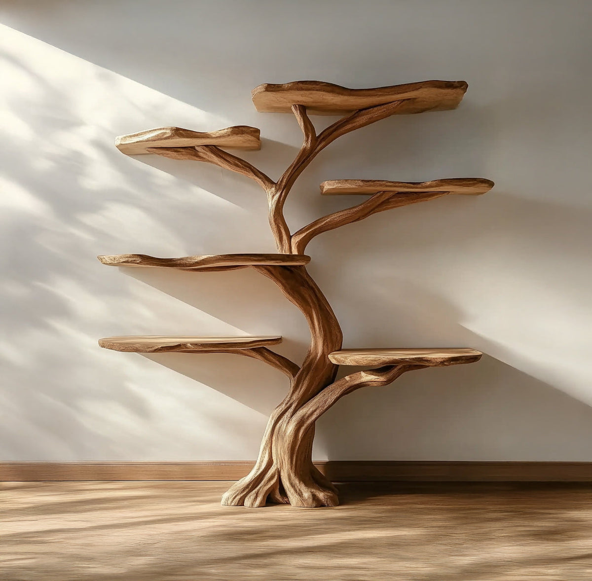 Massief houten boomrand boekenkast met sculpturaal design
