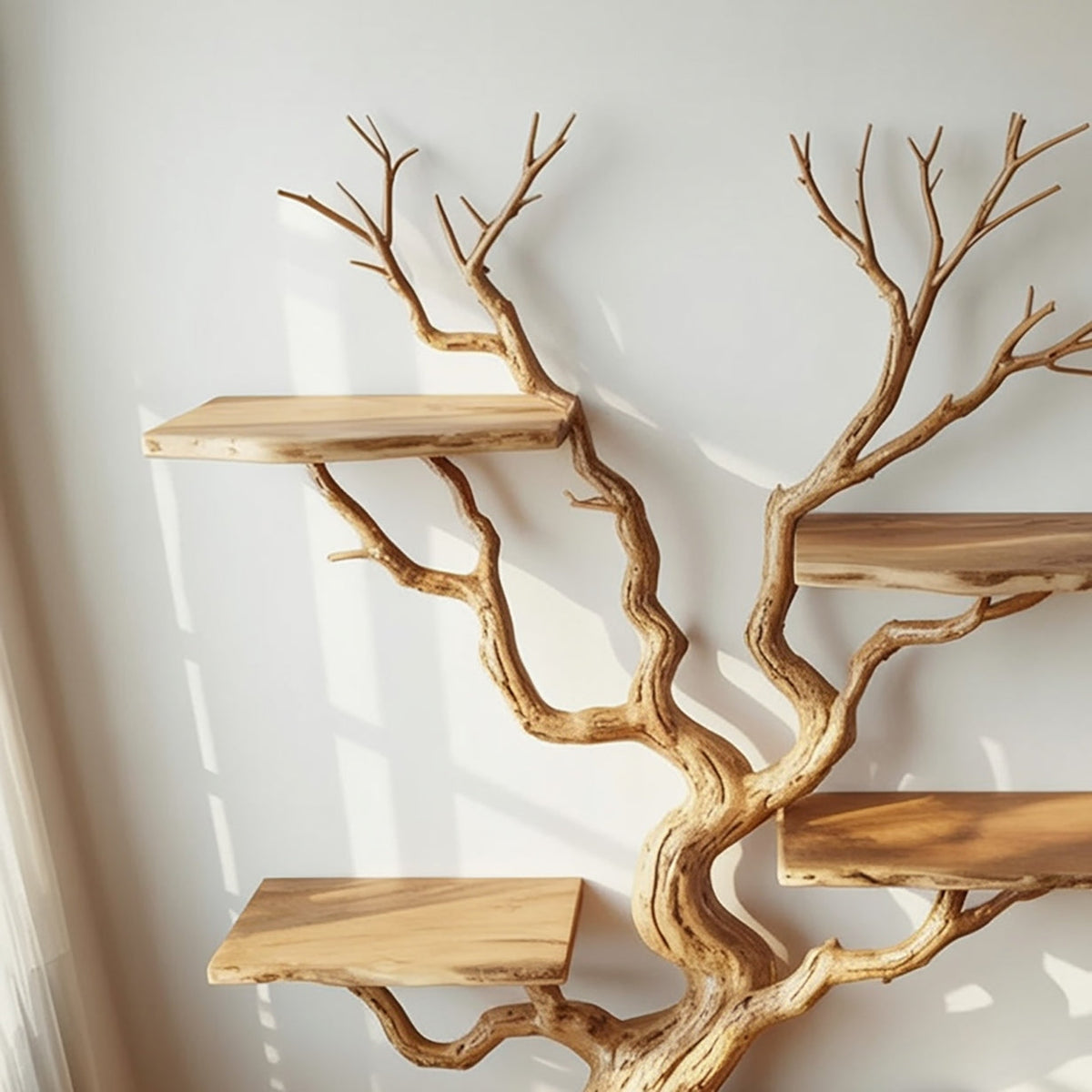 Biophilic design boekenplank met sculpturale boomtakken en natuurlijke houtnerf