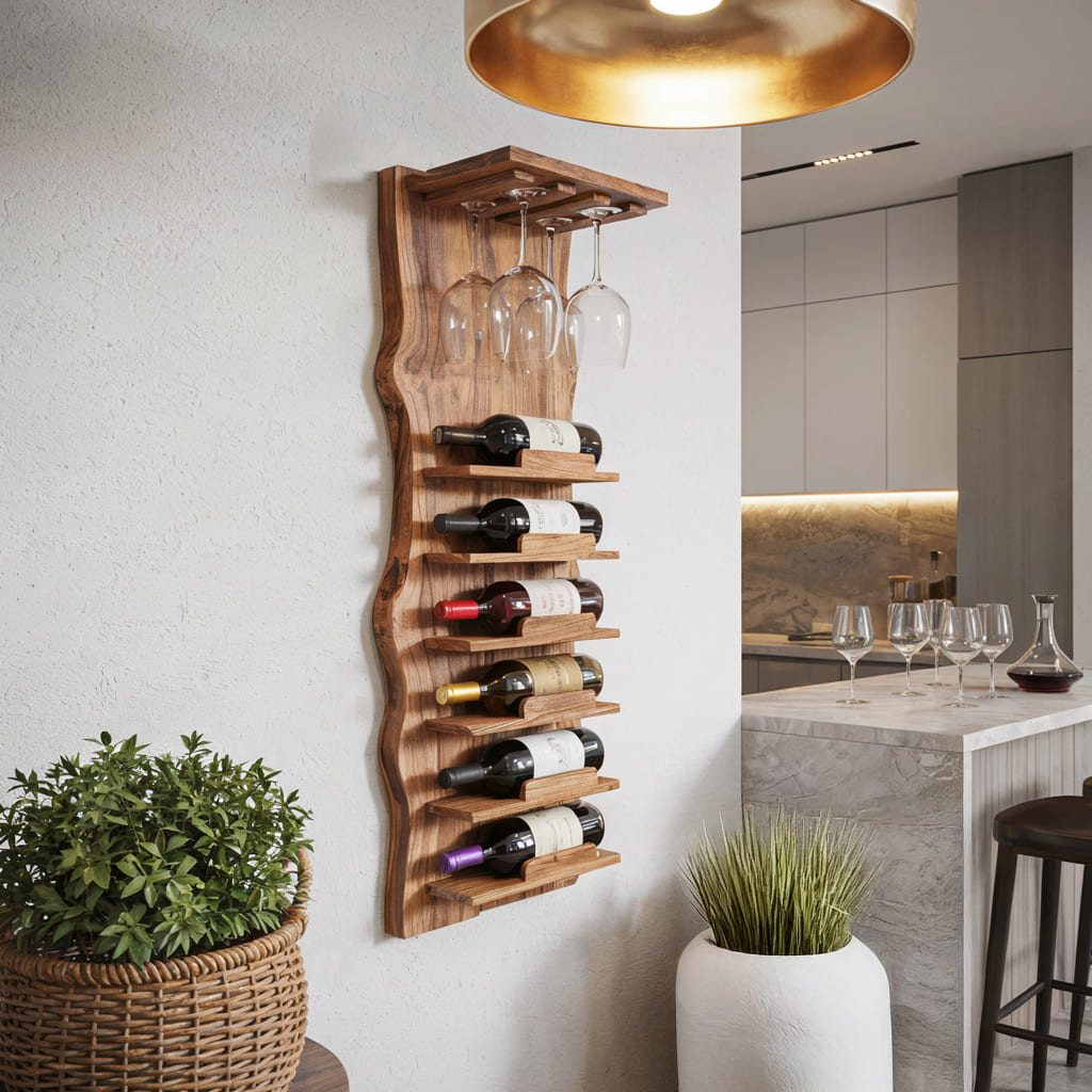 Rustiek massief houten boomrand wijnrek voor wandmontage
