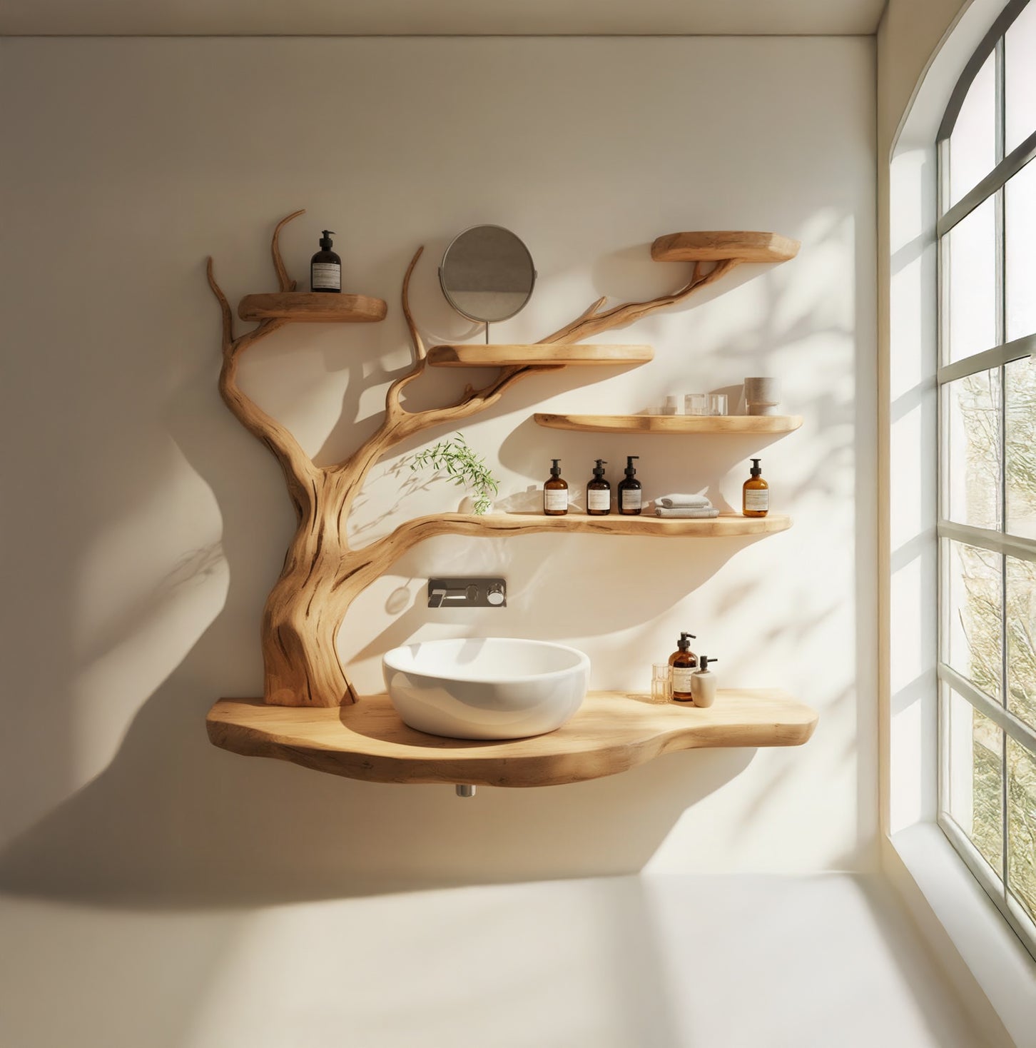 Live Edge Houten Badkamermeubel met Takkenplanken – Handgemaakte Natuurlijke Wastafelconsole