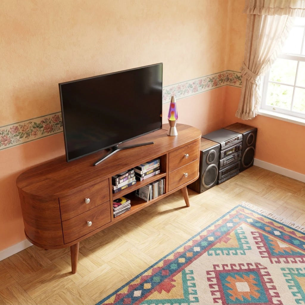 Mid-century massief houten gebogen tv-meubel in eigentijdse woonkamer