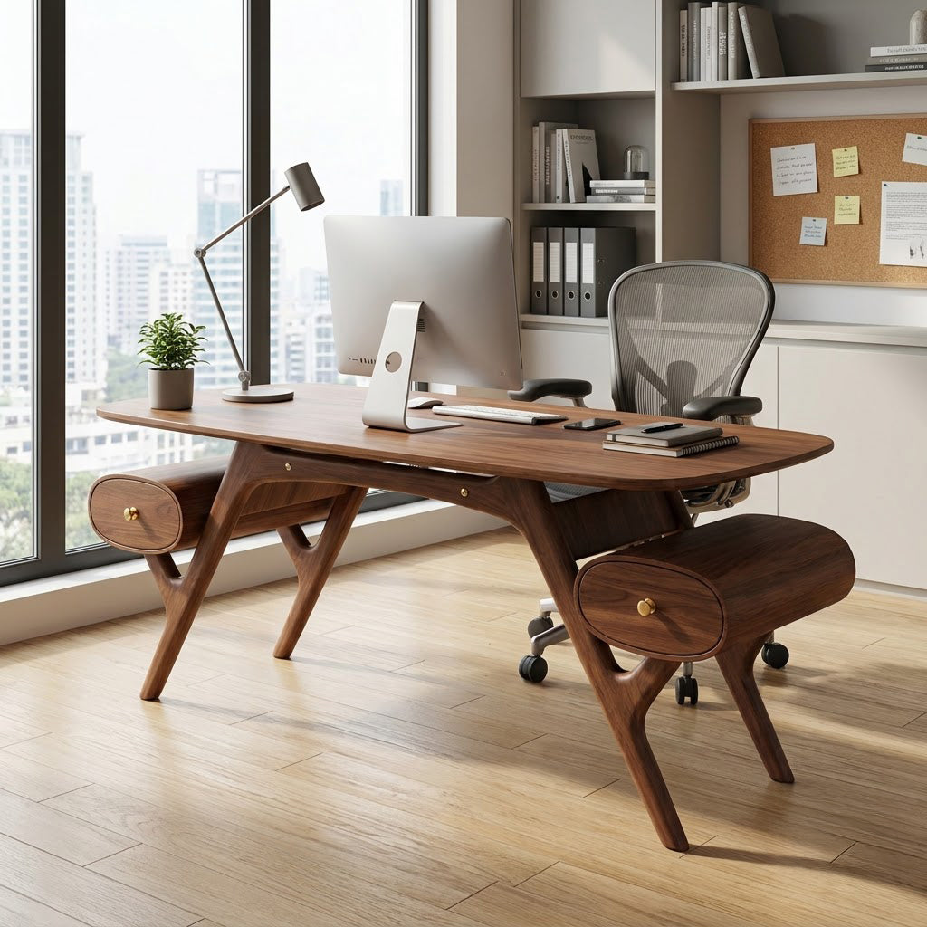 Sculpturaal directiebureau met capsule lades van massief hout