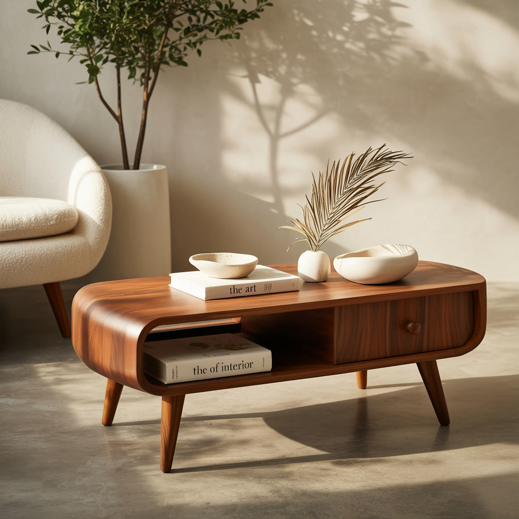 Mid-century massief houten salontafel in een sfeervolle zithoek