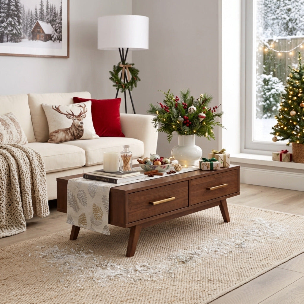 Lage massief houten salontafel in een warme woonkamer