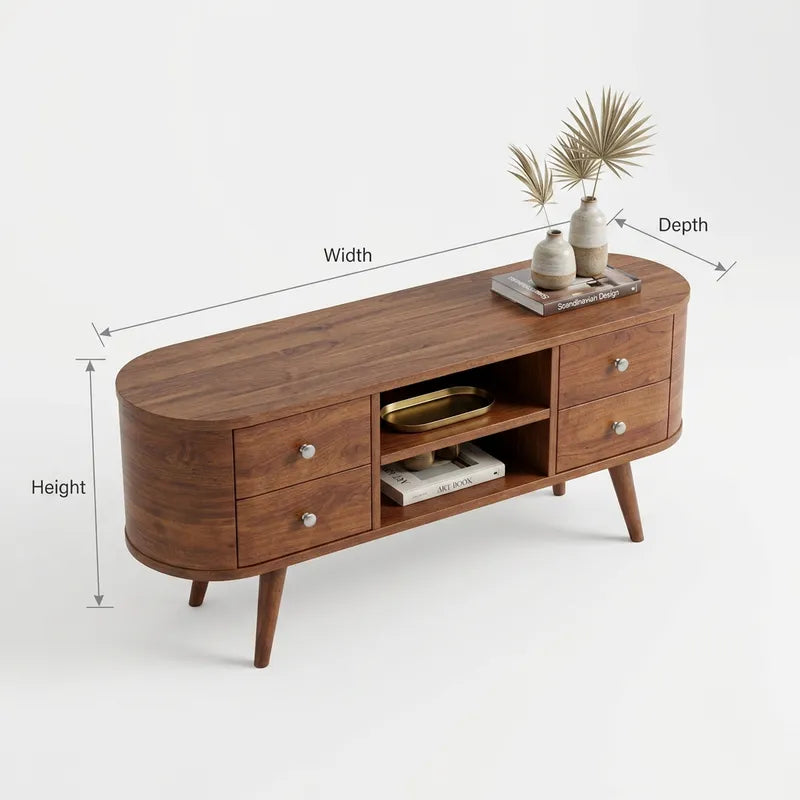 Ovaal Gebogen Mid-Century TV-Meubel - 4 Laden Massief Hout