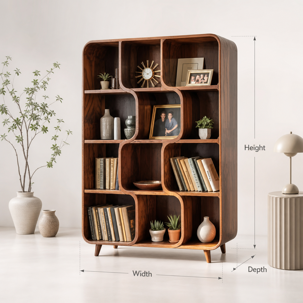 Organisch moderne houten displaykast voor boeken en woonaccessoires