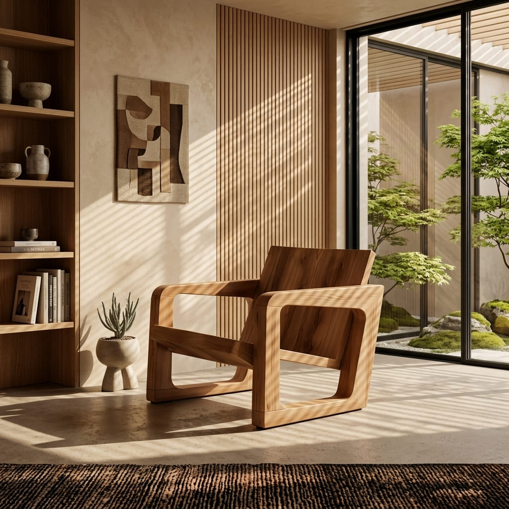 Massief houten chaise longue in een moderne leeshoek met natuurlijk daglicht