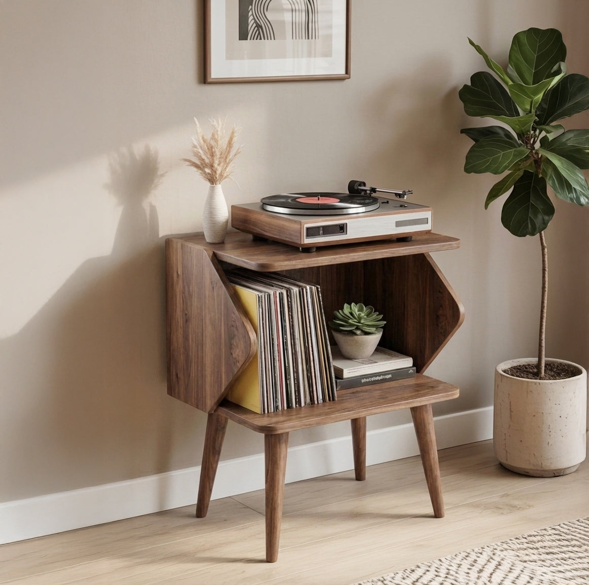 Vinyl opbergkast met houten standaard voor draaitafel