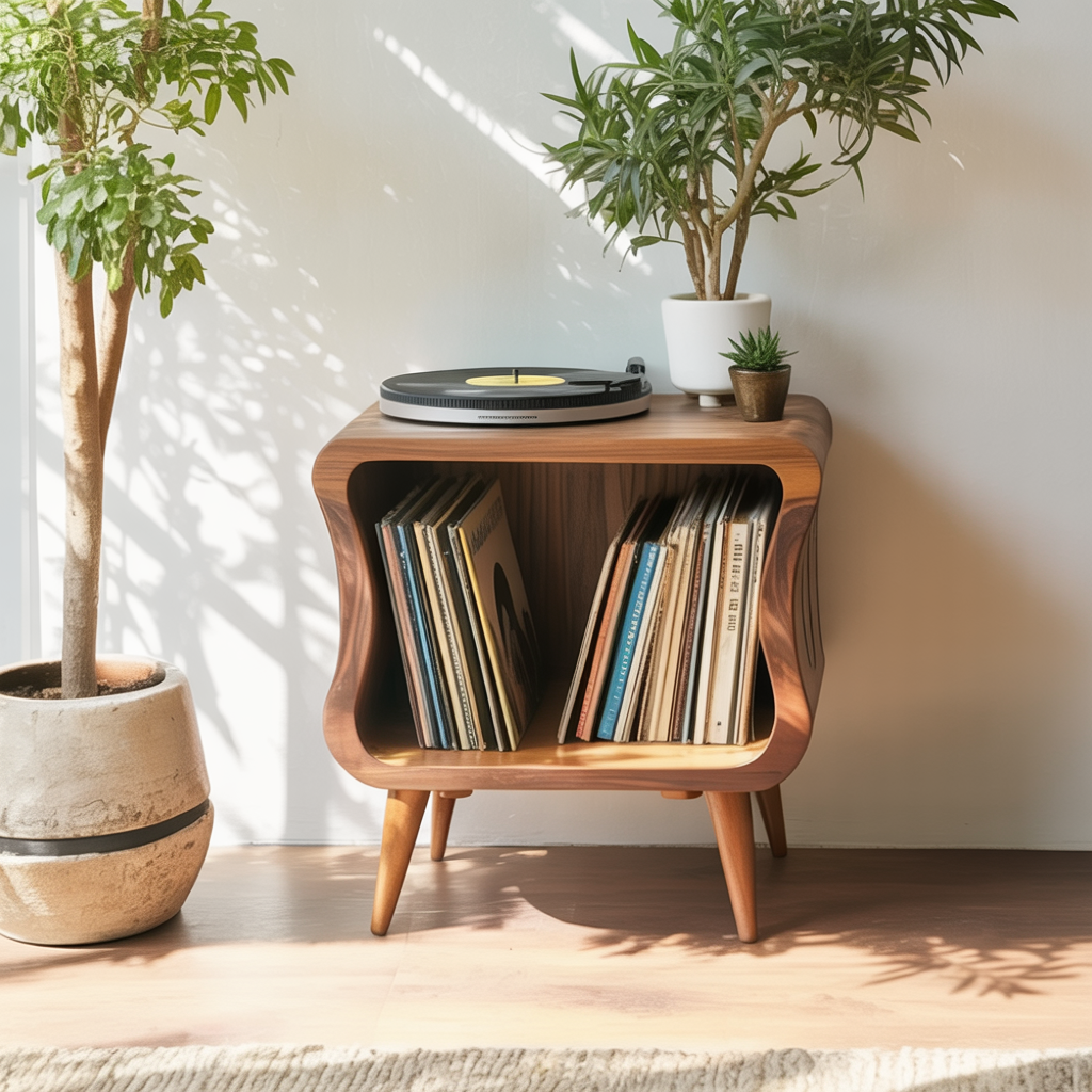 Mid-century massief houten platenspeler standaard voor de woonkamer