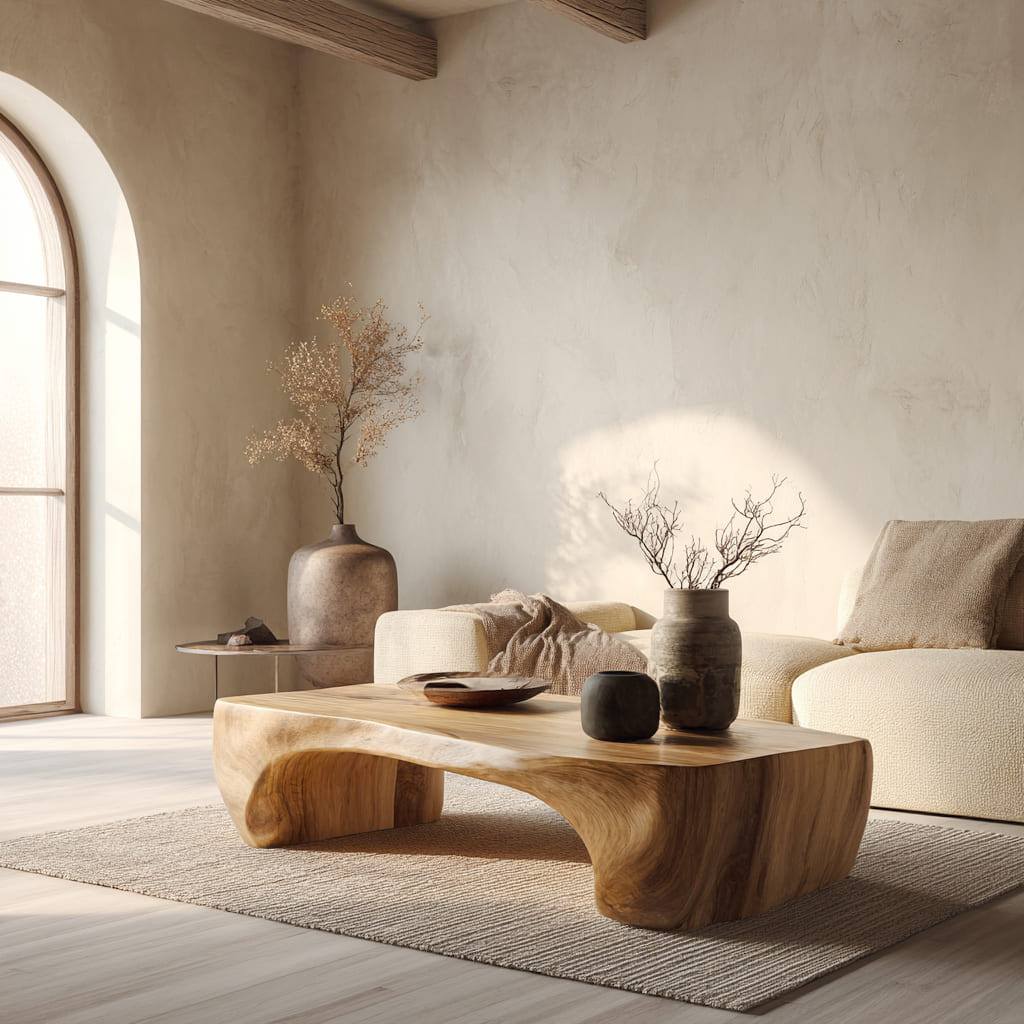 Natuurlijke hardhouten salontafel in een minimalistische woonkamer