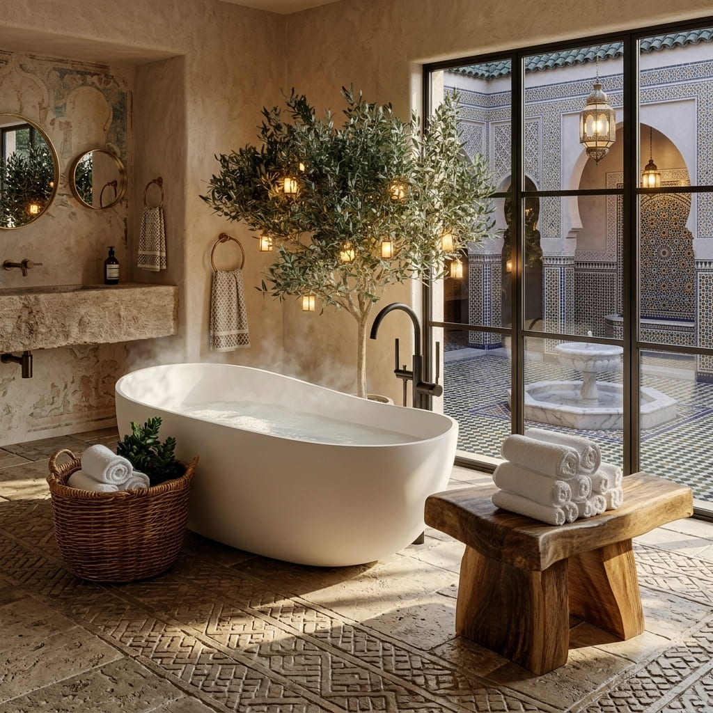 Organisch moderne massief houten kruk in een serene spa-badkamer