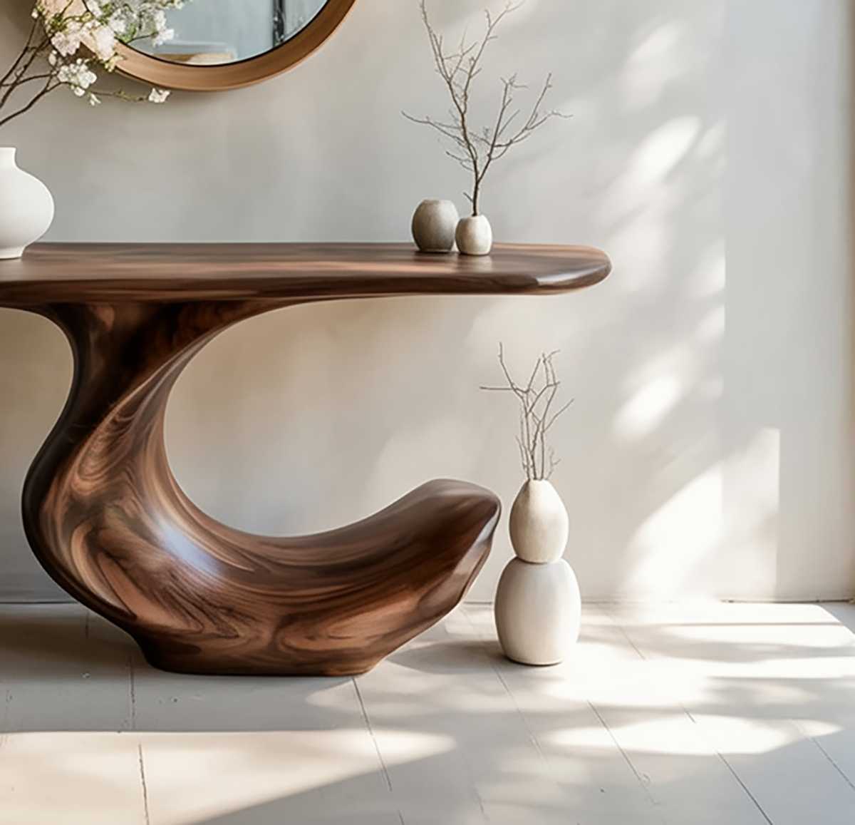 Unieke houten haltafel met sculpturaal gebogen silhouet