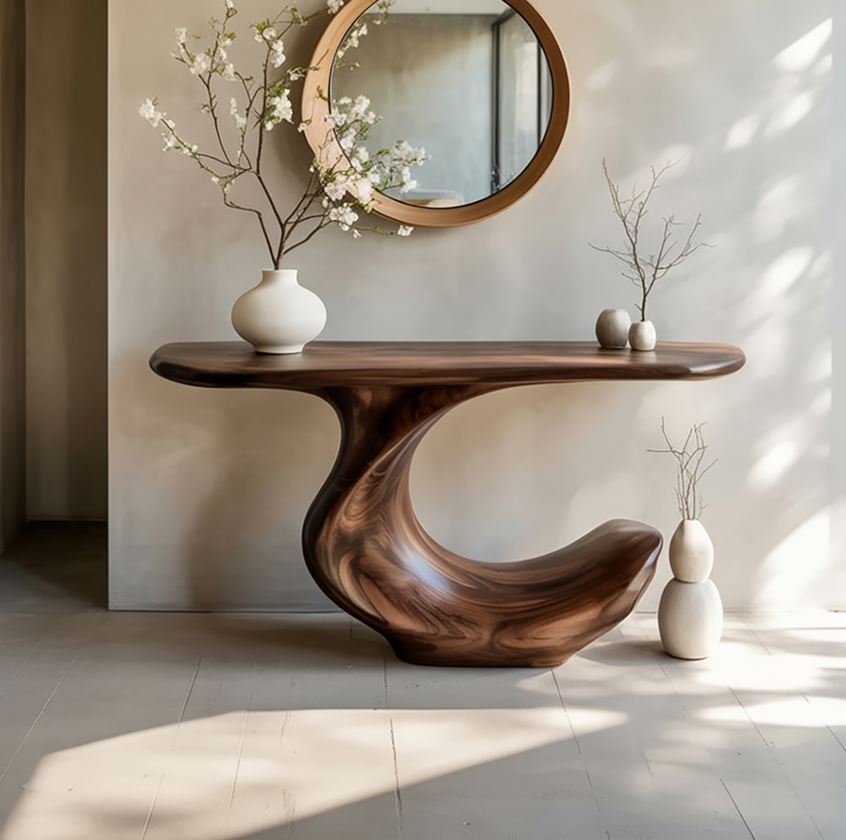 Minimalistische gebogen consoletafel met vloeiend houtdesign